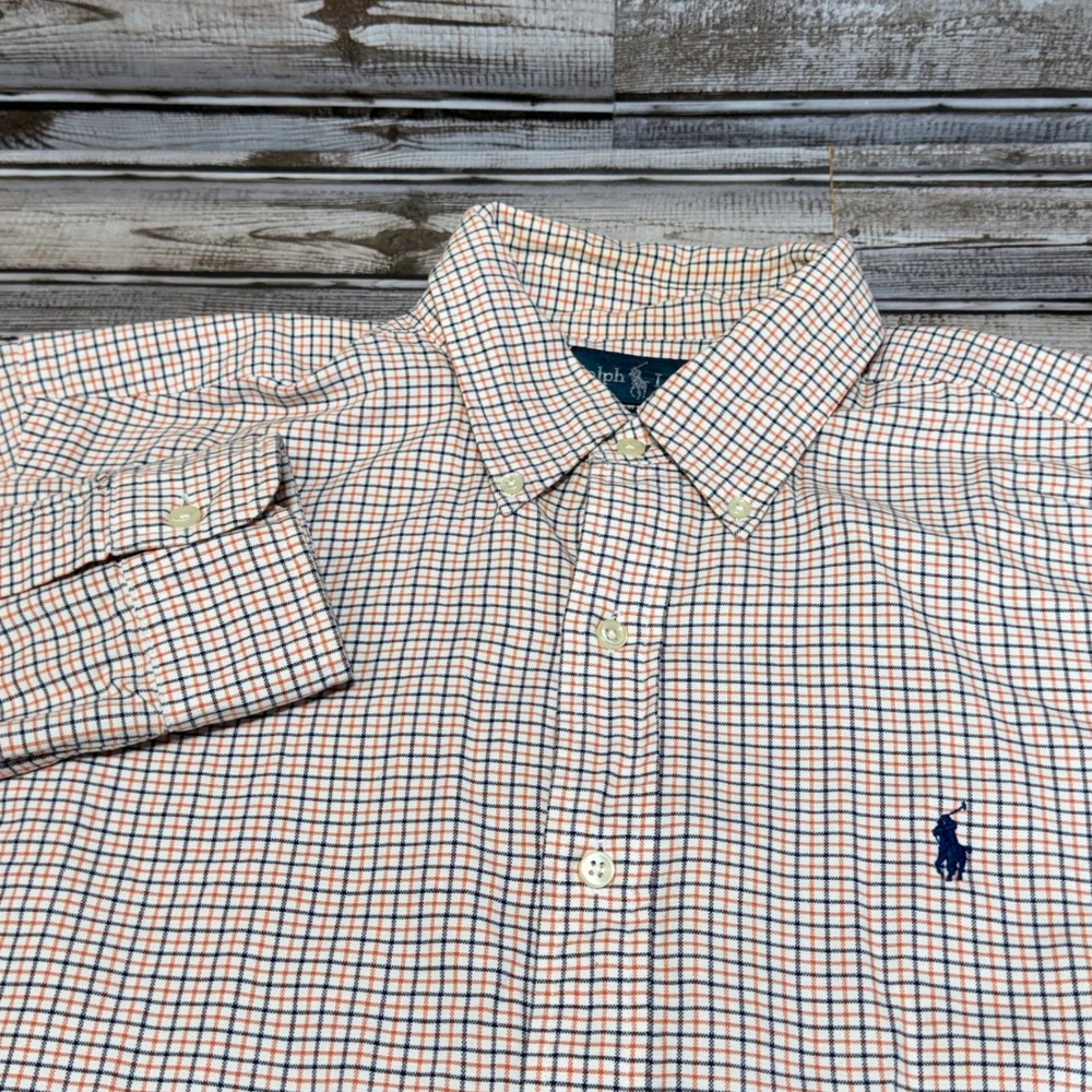 Ralph Lauren Button Down Shirt Mens Large Orange Check Classic Fit Long Sleeve